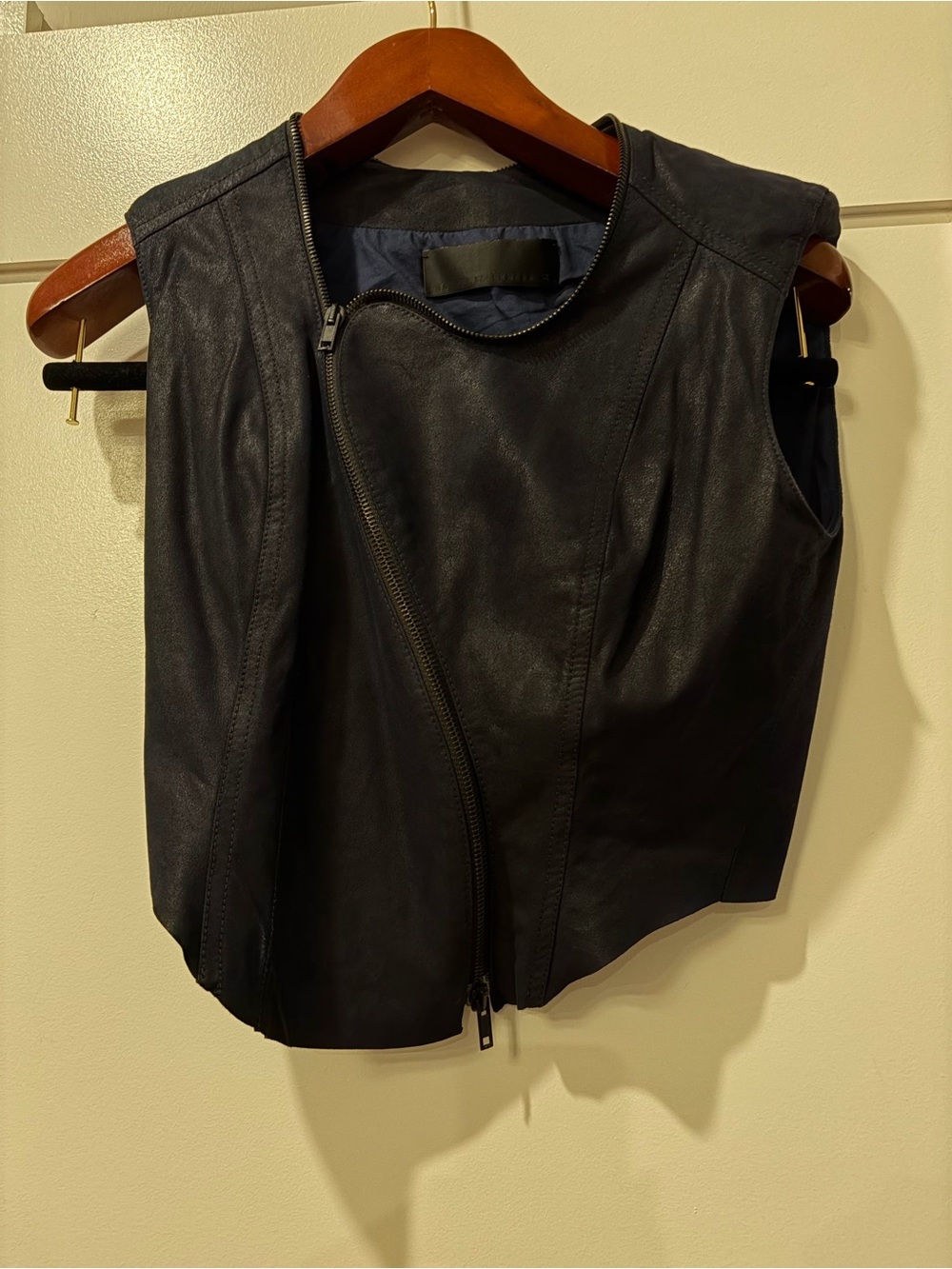 Haider Ackermann Black Leather Sleeveless Asymmetric Zip vest